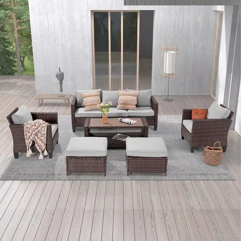 LIVOOSUN Ensemble de 6 meubles de patio en rotin marron avec table basse
