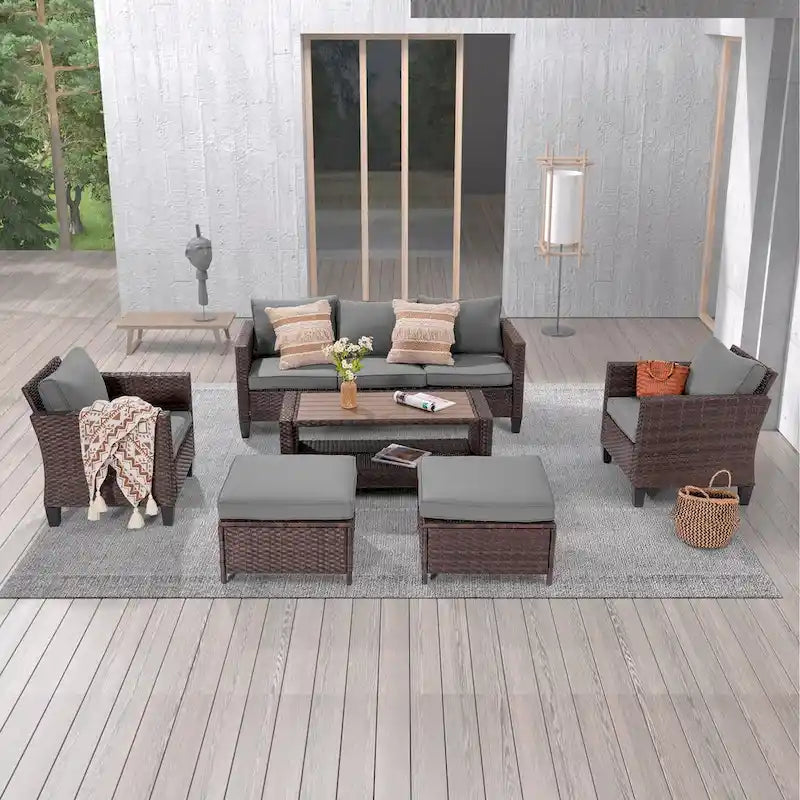 LIVOOSUN Ensemble de 6 meubles de patio en rotin marron avec table basse