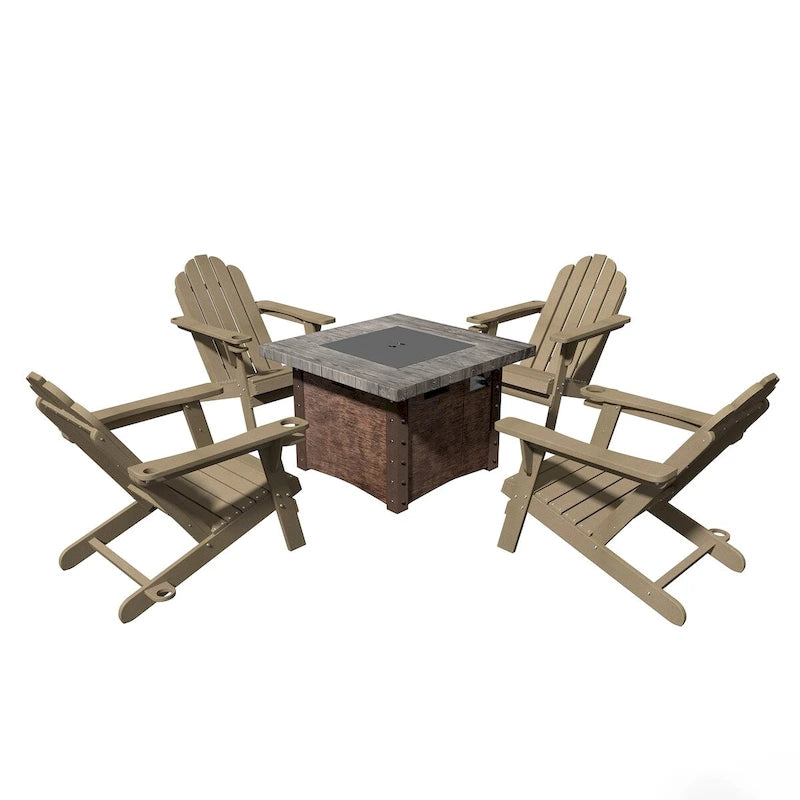 Ensemble de foyer extérieur 5 pièces en métal de 34,5 po, table de foyer et chaises Adirondack avec porte-gobelet et porte-parapluie
