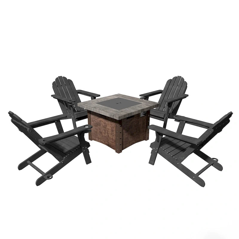 Ensemble de foyer extérieur 5 pièces en métal de 34,5 po, table de foyer et chaises Adirondack avec porte-gobelet et porte-parapluie