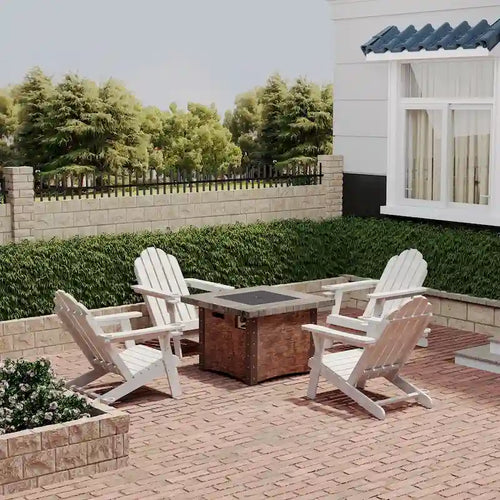 Ensemble de foyer extérieur 5 pièces en métal de 34,5 po, table de foyer et chaises Adirondack avec porte-gobelet et porte-parapluie