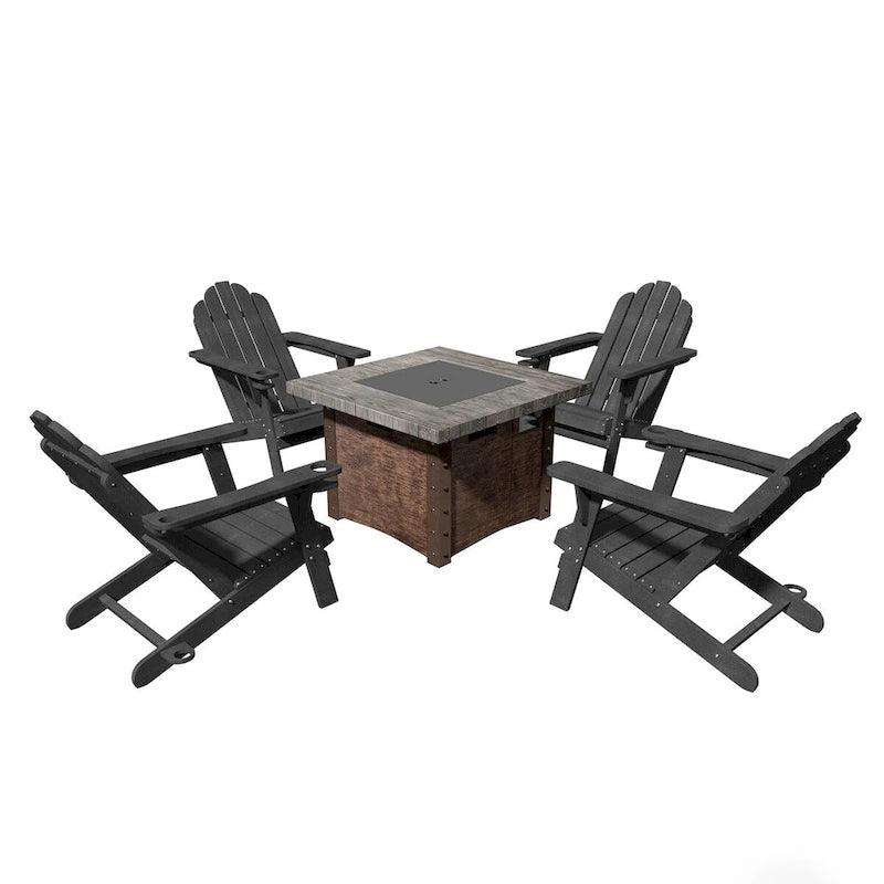 Ensemble de foyer extérieur 5 pièces en métal de 34,5 po, table de foyer et chaises Adirondack avec porte-gobelet et porte-parapluie