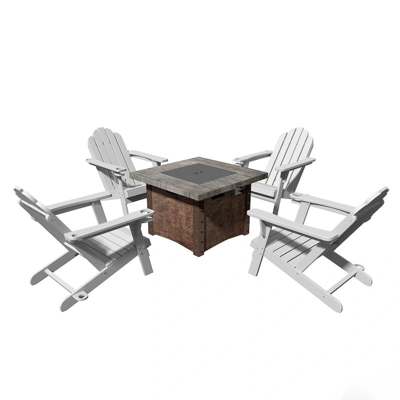 Ensemble de foyer extérieur 5 pièces en métal de 34,5 po, table de foyer et chaises Adirondack avec porte-gobelet et porte-parapluie