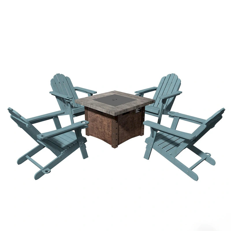 Ensemble de foyer extérieur 5 pièces en métal de 34,5 po, table de foyer et chaises Adirondack avec porte-gobelet et porte-parapluie