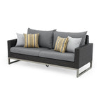 Ensemble de patio extérieur Milo Espresso 4 pièces avec foyer et mouvement Sunbrella