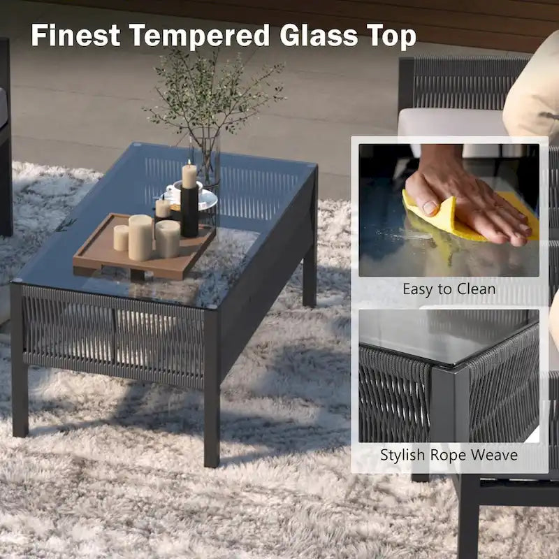 Ensemble de conversation de patio 4 pièces avec table en verre trempé