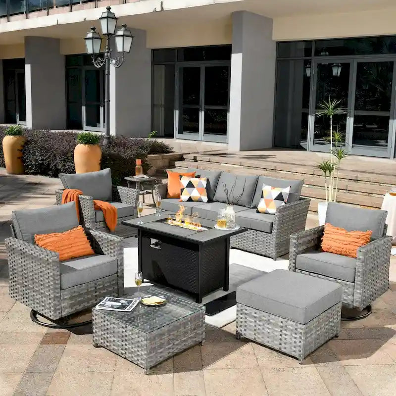 HOOOWOOO Salon de jardin d'extérieur 10 pièces en rotin tressé avec foyer