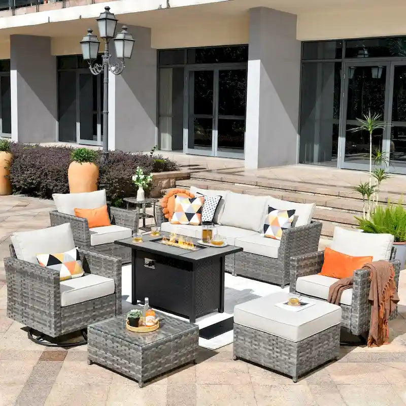 HOOOWOOO Salon de jardin d'extérieur 10 pièces en rotin tressé avec foyer