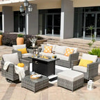 HOOOWOOO Salon de jardin d'extérieur 10 pièces en rotin tressé avec foyer