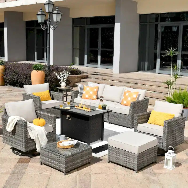 HOOOWOOO Salon de jardin d'extérieur 10 pièces en rotin tressé avec foyer