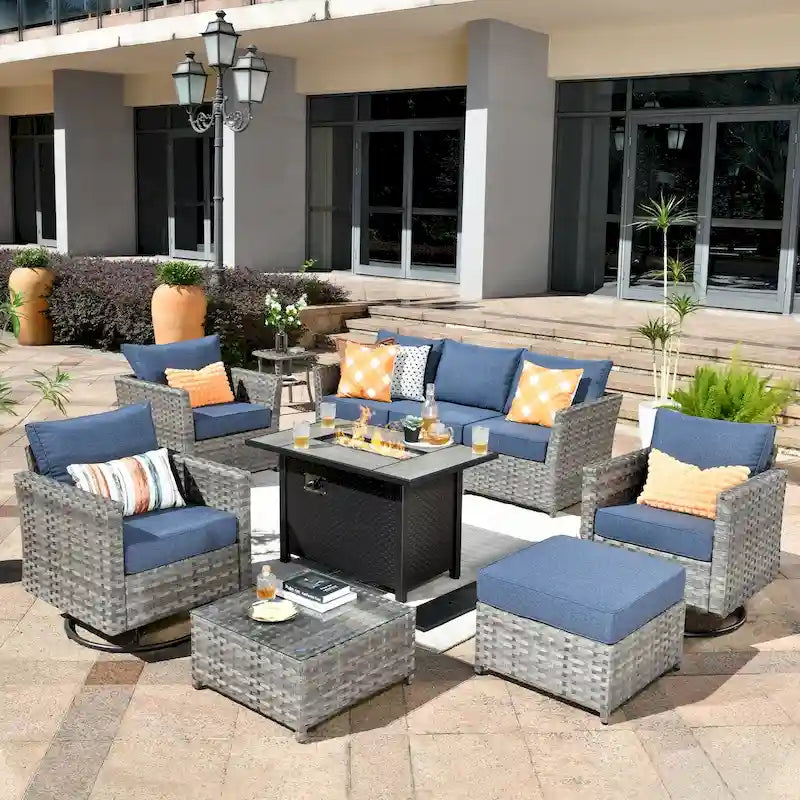 HOOOWOOO Salon de jardin d'extérieur 10 pièces en rotin tressé avec foyer