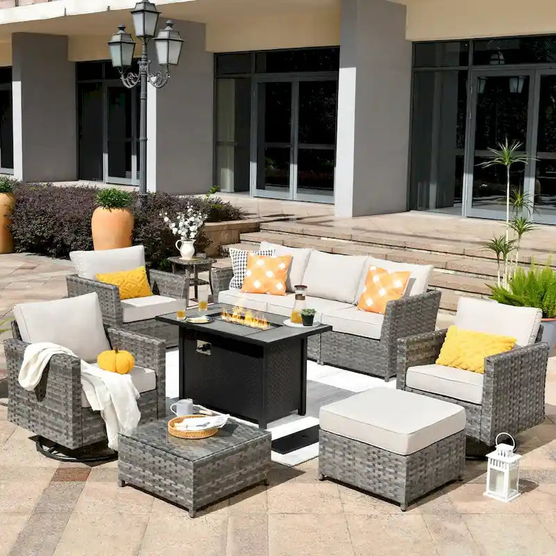 HOOOWOOO Salon de jardin d'extérieur 10 pièces en rotin tressé avec foyer