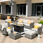 HOOOWOOO Salon de jardin d'extérieur 10 pièces en rotin tressé avec foyer