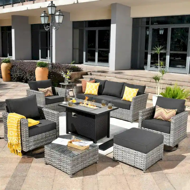 HOOOWOOO Salon de jardin d'extérieur 10 pièces en rotin tressé avec foyer