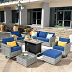 HOOOWOOO Salon de jardin d'extérieur 10 pièces en rotin tressé avec foyer