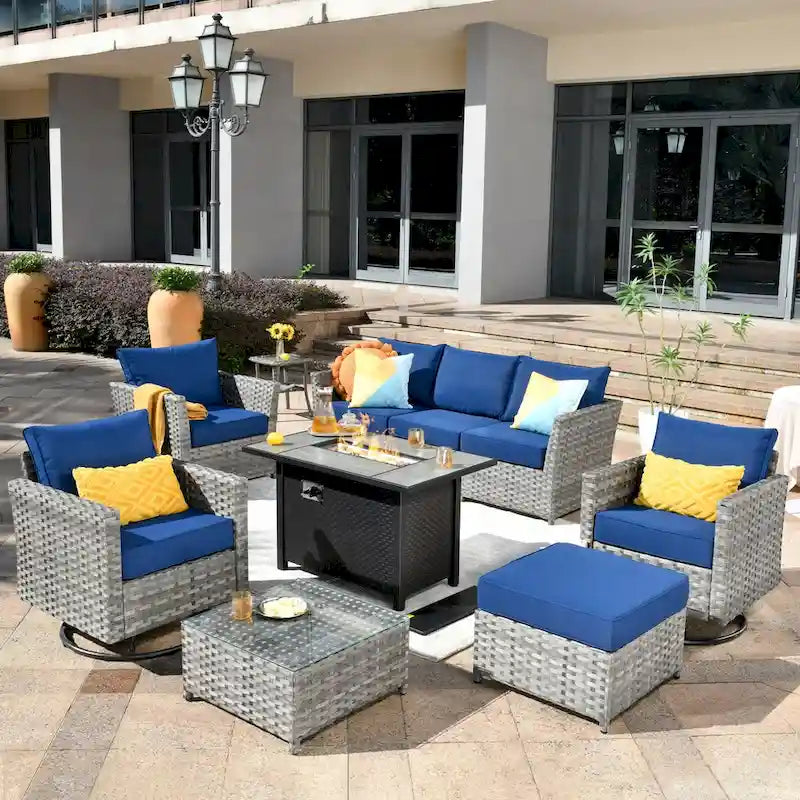 HOOOWOOO Salon de jardin d'extérieur 10 pièces en rotin tressé avec foyer