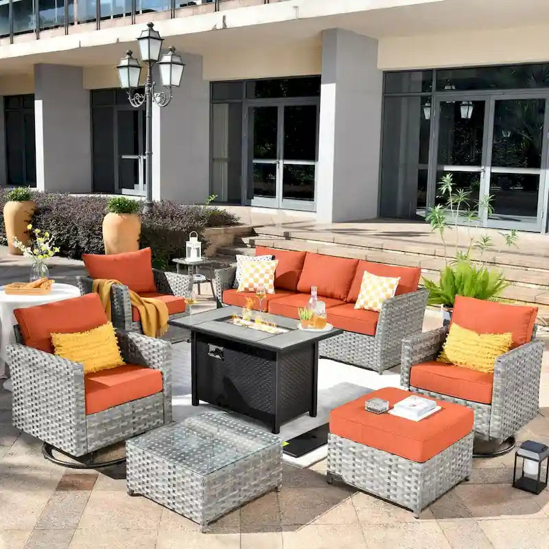 HOOOWOOO Salon de jardin d'extérieur 10 pièces en rotin tressé avec foyer