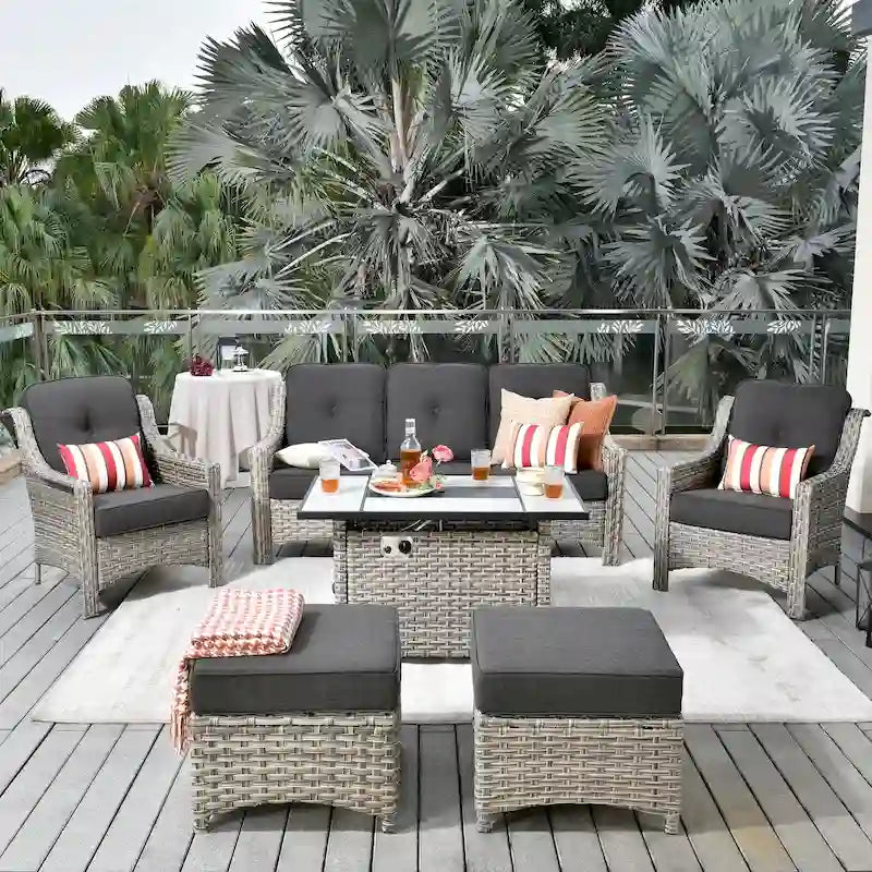 HOOOWOOO Ensemble de meubles de jardin 6 pièces en osier gris avec table brasero