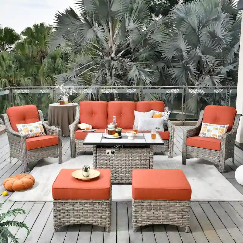 HOOOWOOO Ensemble de meubles de jardin 6 pièces en osier gris avec table brasero