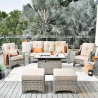 HOOOWOOO Ensemble de meubles de jardin 6 pièces en osier gris avec table brasero