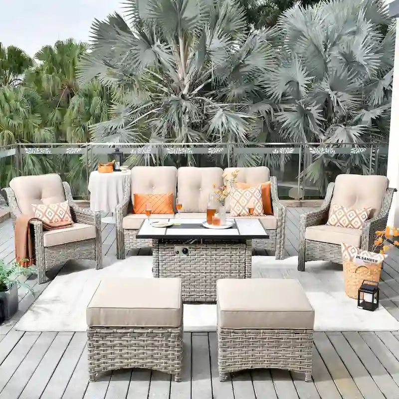 HOOOWOOO Ensemble de meubles de jardin 6 pièces en osier gris avec table brasero