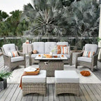 HOOOWOOO Ensemble de meubles de jardin 6 pièces en osier gris avec table brasero