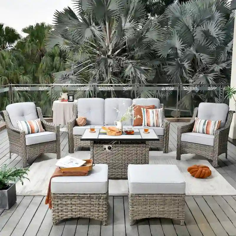 HOOOWOOO Ensemble de meubles de jardin 6 pièces en osier gris avec table brasero