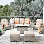 HOOOWOOO Ensemble de meubles de jardin 6 pièces en osier gris avec table brasero
