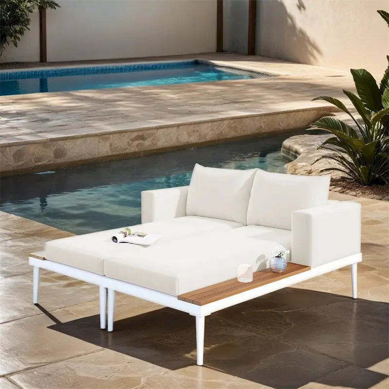 Lit de Repos Extérieur Moderne en Métal 2 en 1 avec Plateaux et Espaces Latéraux en Bois