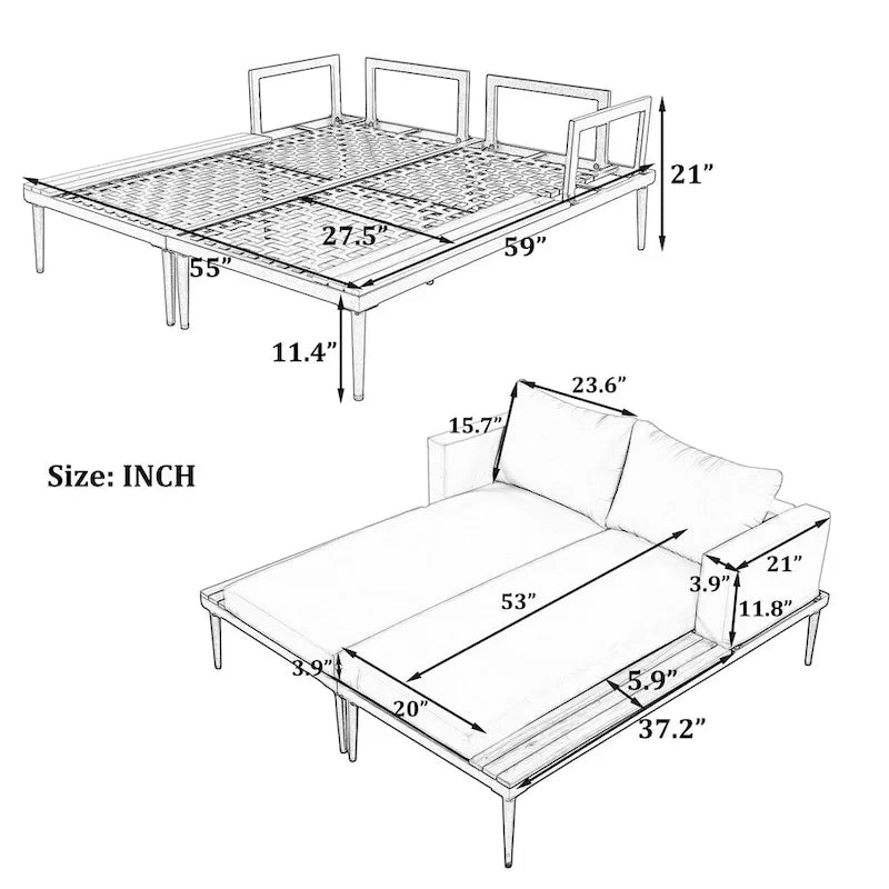 Lit de Repos Extérieur Moderne en Métal 2 en 1 avec Plateaux et Espaces Latéraux en Bois