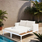 Lit de Repos Extérieur Moderne en Métal 2 en 1 avec Plateaux et Espaces Latéraux en Bois