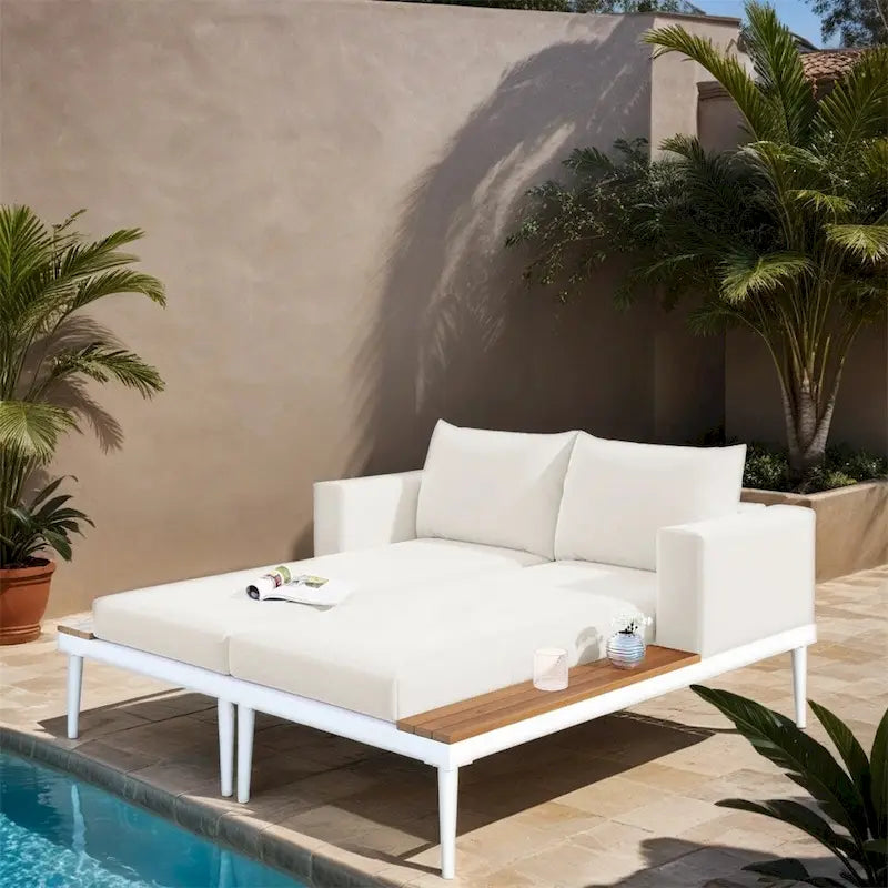 Lit de Repos Extérieur Moderne en Métal 2 en 1 avec Plateaux et Espaces Latéraux en Bois