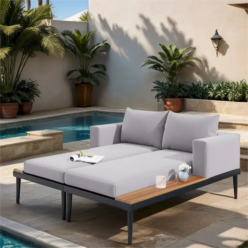 Lit de Repos Extérieur Moderne en Métal 2 en 1 avec Plateaux et Espaces Latéraux en Bois