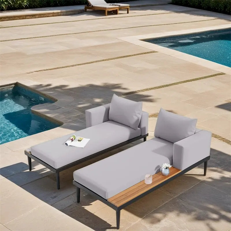 Lit de Repos Extérieur Moderne en Métal 2 en 1 avec Plateaux et Espaces Latéraux en Bois