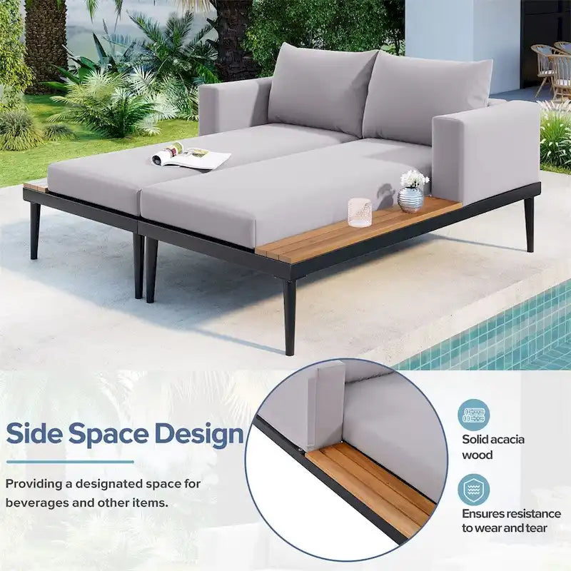 Lit de Repos Extérieur Moderne en Métal 2 en 1 avec Plateaux et Espaces Latéraux en Bois