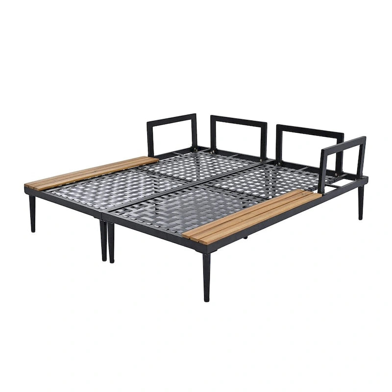 Lit de Repos Extérieur Moderne en Métal 2 en 1 avec Plateaux et Espaces Latéraux en Bois