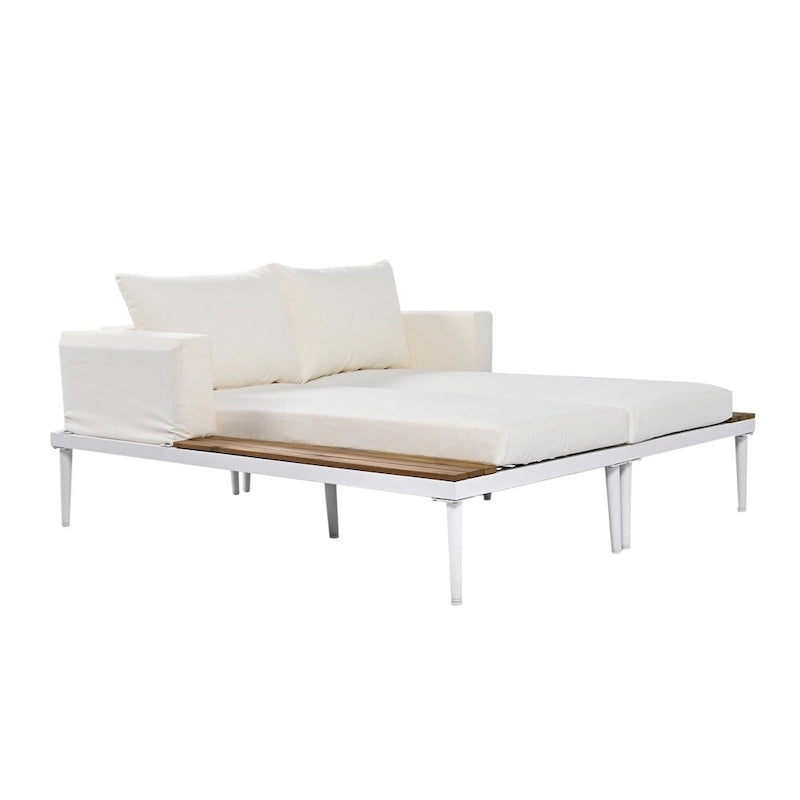 Lit de Repos Extérieur Moderne en Métal 2 en 1 avec Plateaux et Espaces Latéraux en Bois