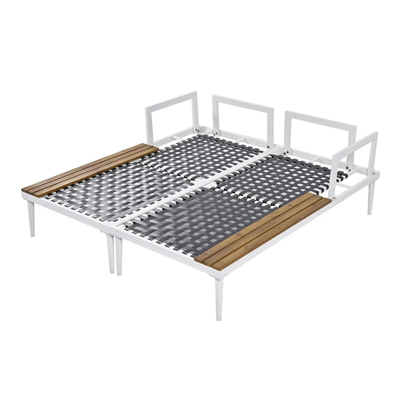 Lit de Repos Extérieur Moderne en Métal 2 en 1 avec Plateaux et Espaces Latéraux en Bois