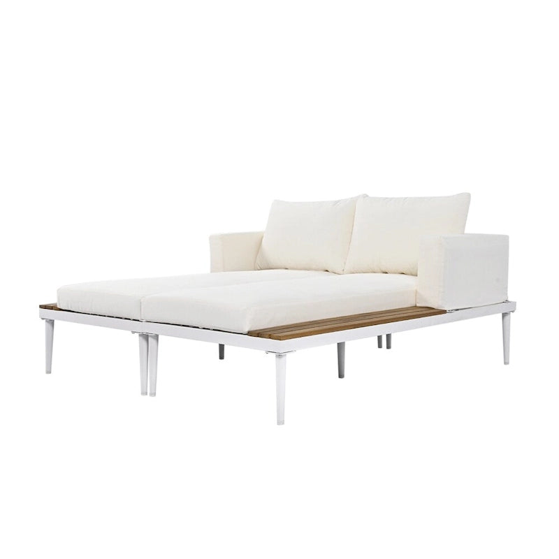 Lit de Repos Extérieur Moderne en Métal 2 en 1 avec Plateaux et Espaces Latéraux en Bois