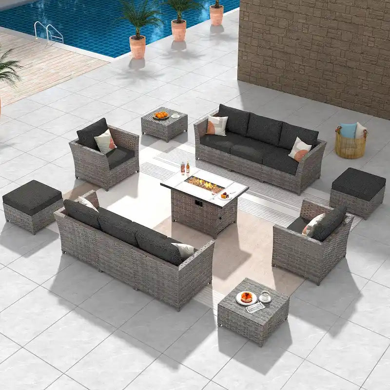 HOOOWOOO Ensemble de meubles de patio d'extérieur sectionnel en osier gris 13 pièces avec foyer