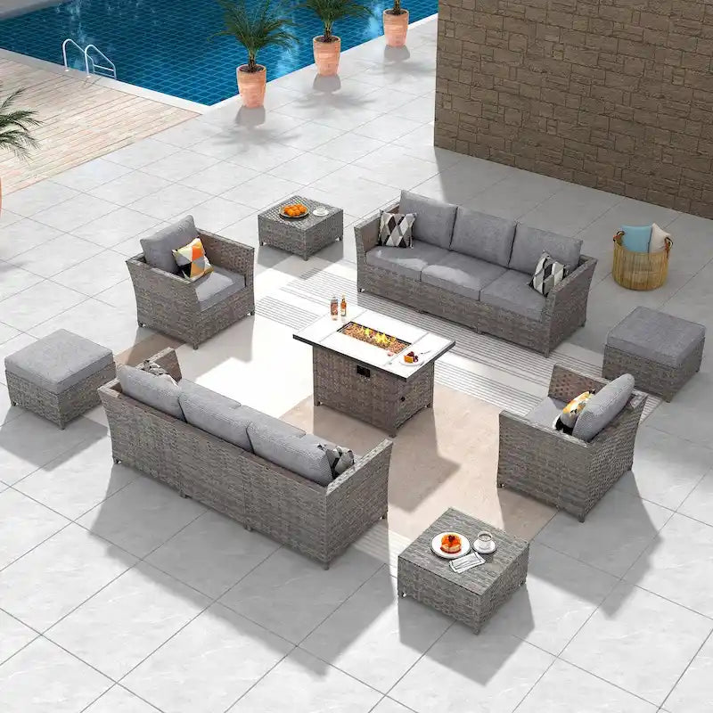 HOOOWOOO Ensemble de meubles de patio d'extérieur sectionnel en osier gris 13 pièces avec foyer
