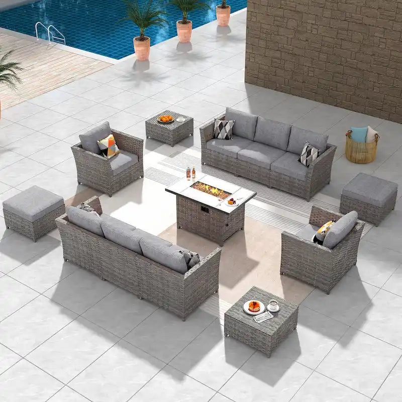 HOOOWOOO Ensemble de meubles de patio d'extérieur sectionnel en osier gris 13 pièces avec foyer