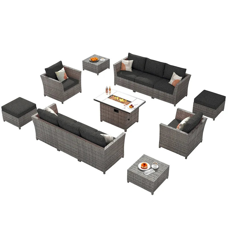 HOOOWOOO Ensemble de meubles de patio d'extérieur sectionnel en osier gris 13 pièces avec foyer