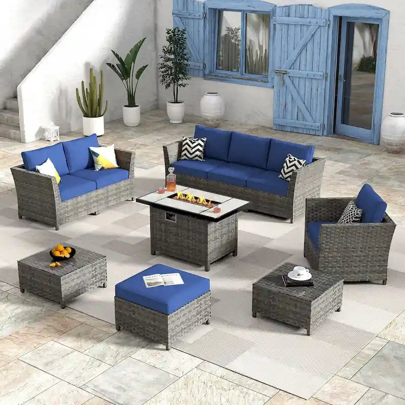 HOOOWOOO Ensemble de patio sectionnel en osier et rotin 10 pièces avec foyer