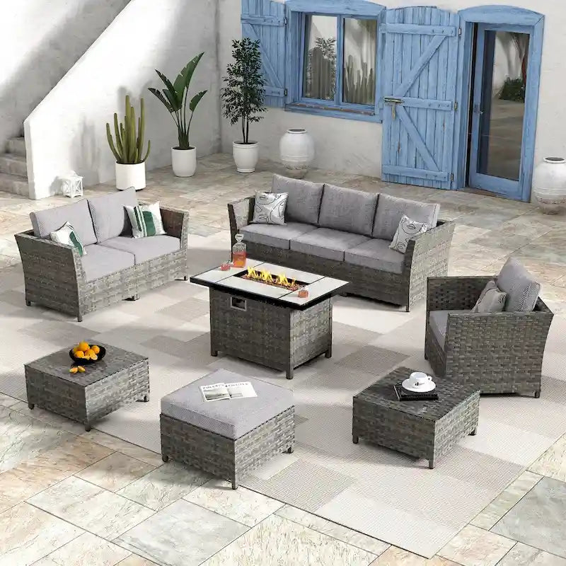 HOOOWOOO Ensemble de patio sectionnel en osier et rotin 10 pièces avec foyer