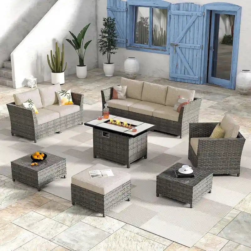 HOOOWOOO Ensemble de patio sectionnel en osier et rotin 10 pièces avec foyer