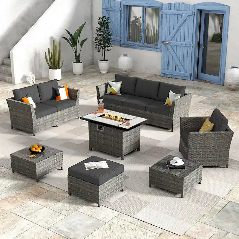 HOOOWOOO Ensemble de patio sectionnel en osier et rotin 10 pièces avec foyer