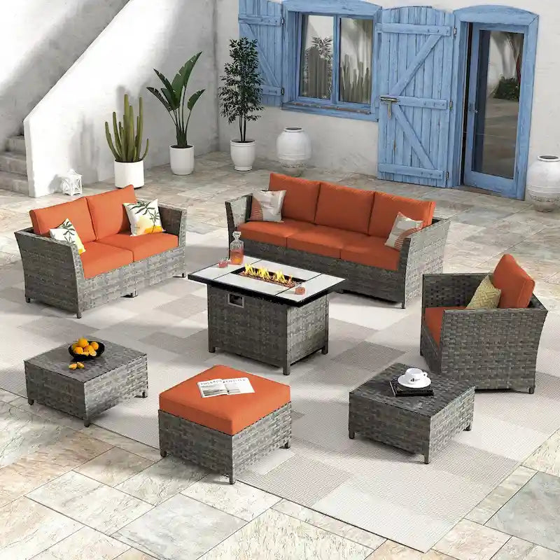 HOOOWOOO Ensemble de patio sectionnel en osier et rotin 10 pièces avec foyer