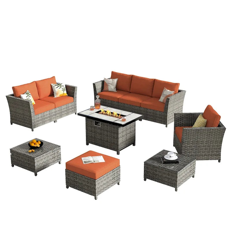 HOOOWOOO Ensemble de patio sectionnel en osier et rotin 10 pièces avec foyer