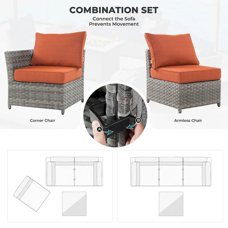 HOOOWOOO Ensemble de patio sectionnel en osier et rotin 10 pièces avec foyer